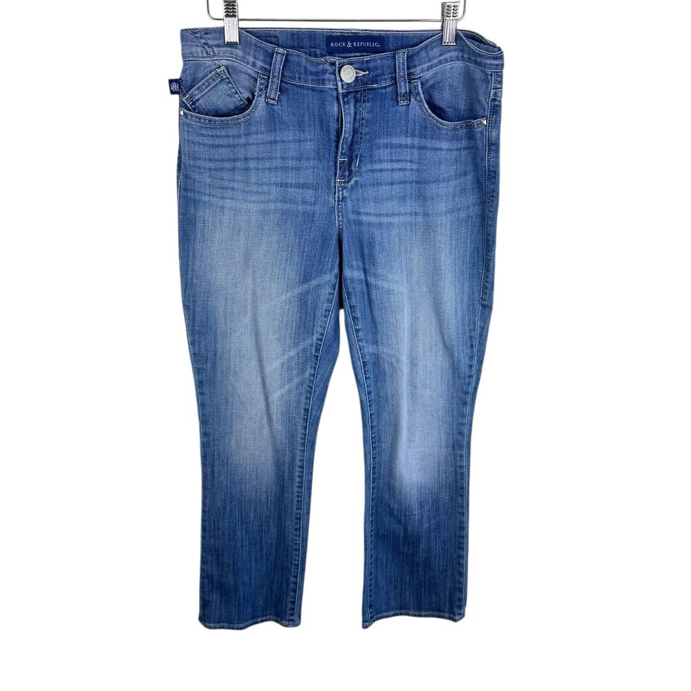 Rock & Republic Kendall Medium Wash Angel Wing Embroidery Cropped Jeans Size 12